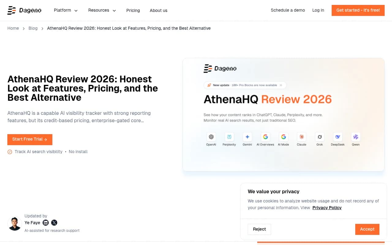 AthenaHQ review from Dageno AI showing pricing and feature analysis