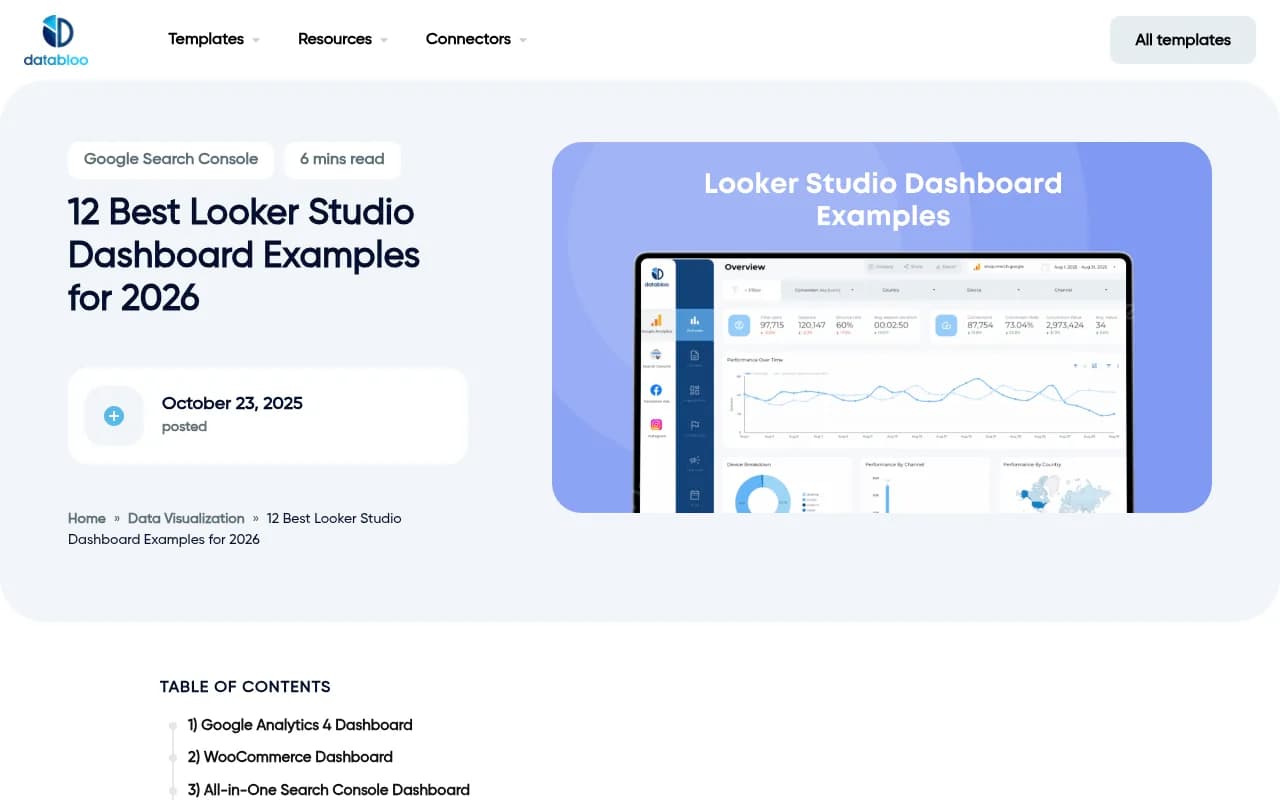 Looker Studio dashboard examples showing various marketing data visualizations
