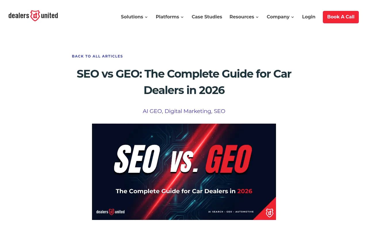 Dealers United guide comparing SEO and GEO for car dealers in 2026