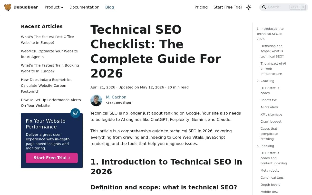 DebugBear's 2026 technical SEO checklist covering crawlability, performance, and AI engine readability