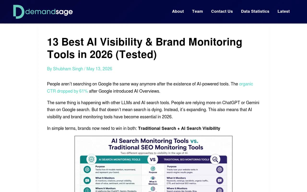 AI visibility tools comparison overview from DemandSage's 2026 review