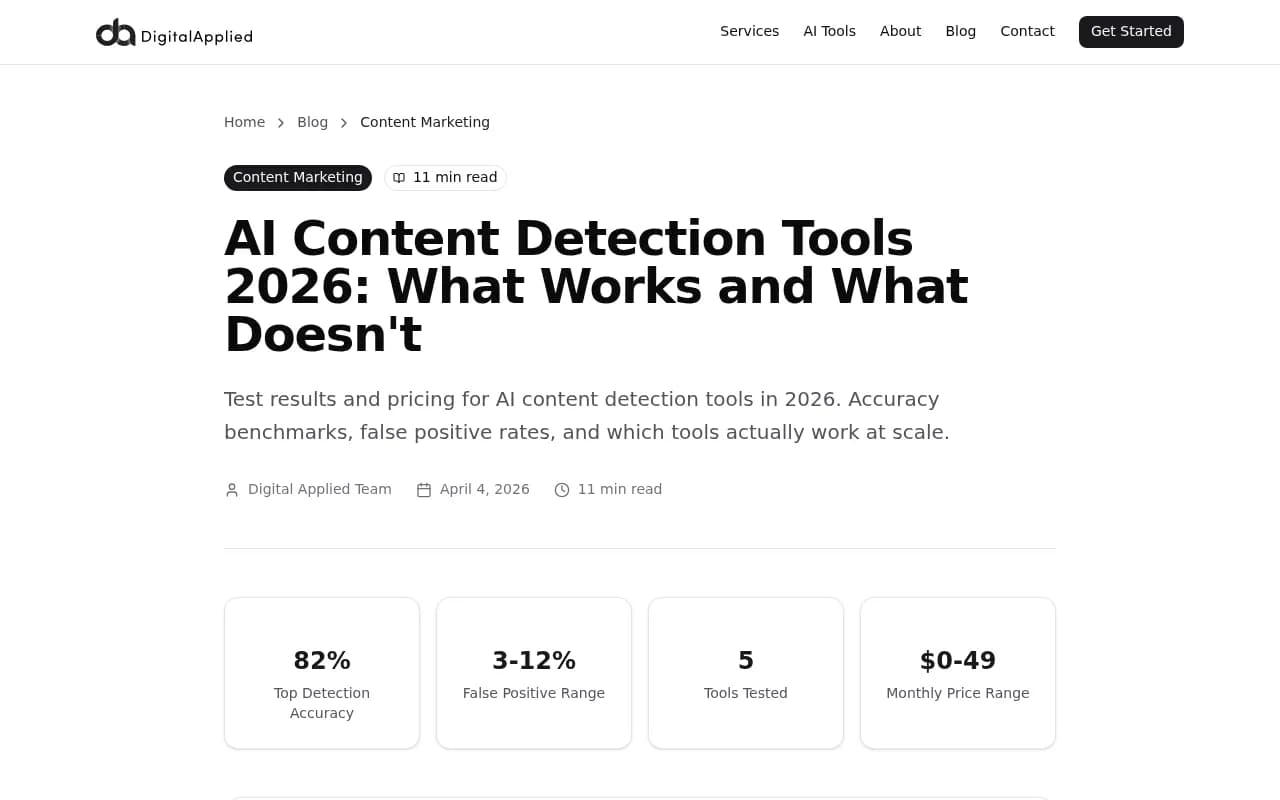 AI Content Detection Tools 2026 accuracy benchmark showing detection rates and false positive ranges across tested tools