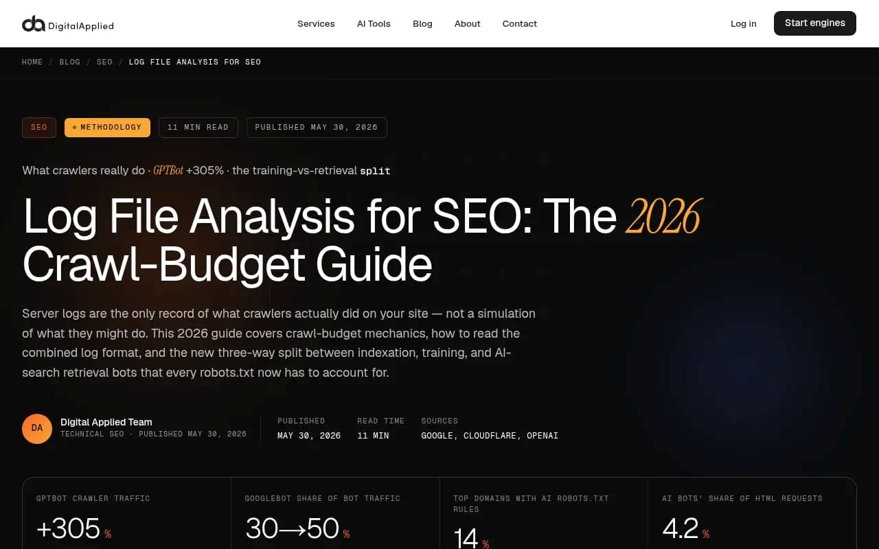 Log file analysis for SEO in 2026 -- crawl budget mechanics, the three-way AI crawler split, and how to read combined log format data
