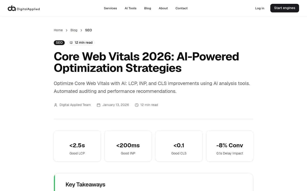 Core Web Vitals thresholds and 2026 optimization benchmarks showing LCP, INP, and CLS targets