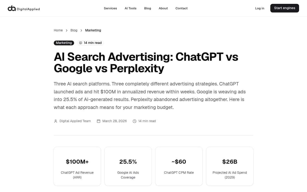 Comparison of AI search advertising models across ChatGPT, Google, and Perplexity showing revenue and adoption data
