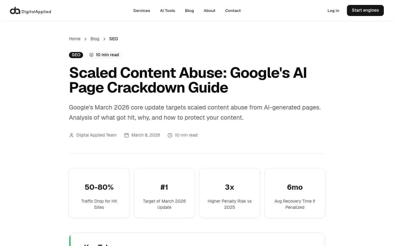 Traffic drop and recovery statistics from Google's scaled content abuse enforcement in 2026