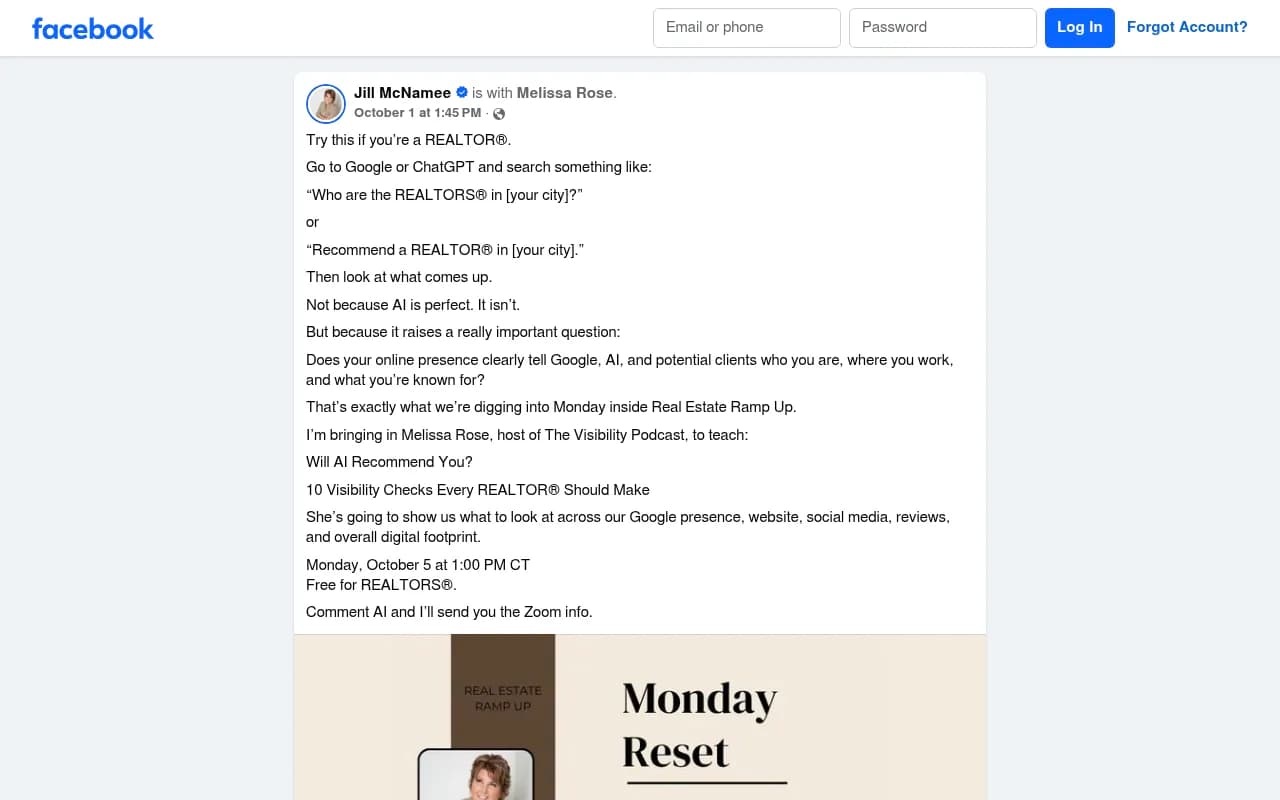 Screenshot of a realtor's post suggesting agents search Google or ChatGPT for who the REALTORS in their city are
