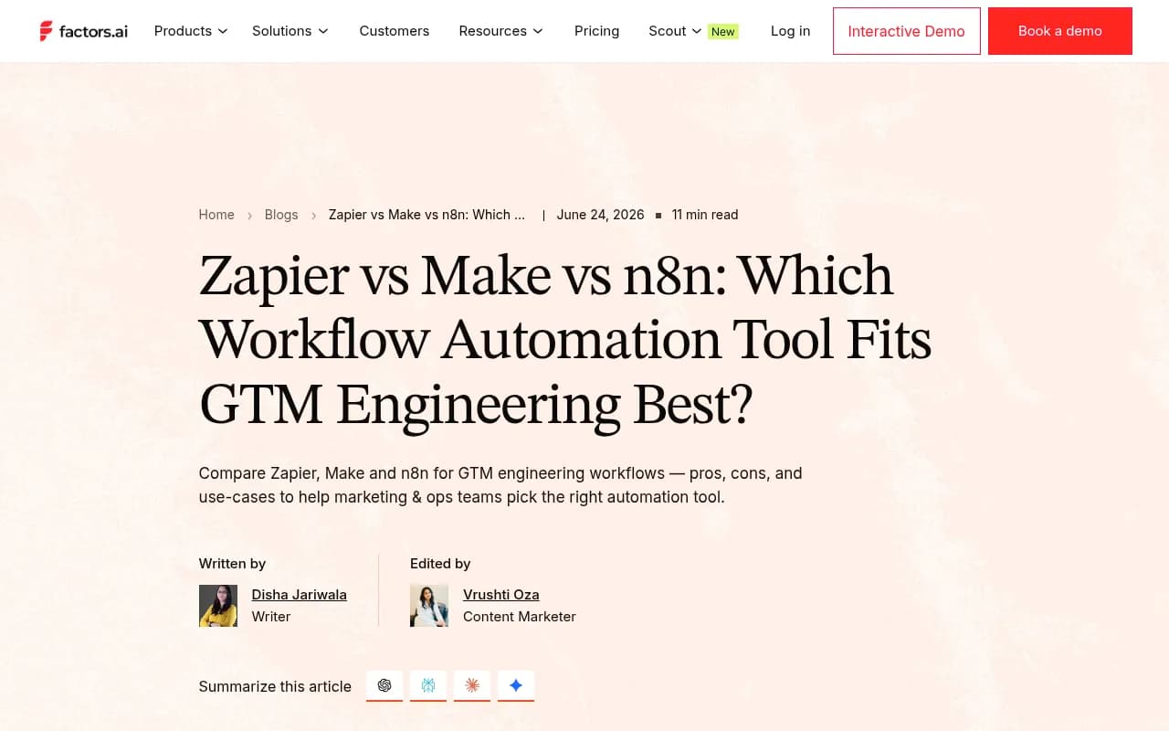 Comparison of Zapier, Make, and n8n for GTM automation workflows
