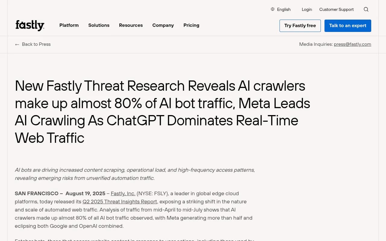Fastly press release on AI crawler traffic, with Meta leading AI crawling
