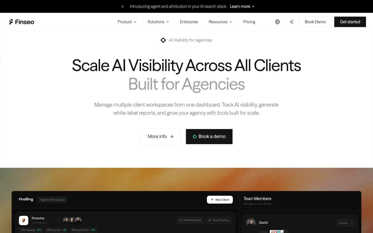 Finseo's agency workspace dashboard showing multiple client brands with visibility scores, prompt counts, and sentiment tracking in one view
