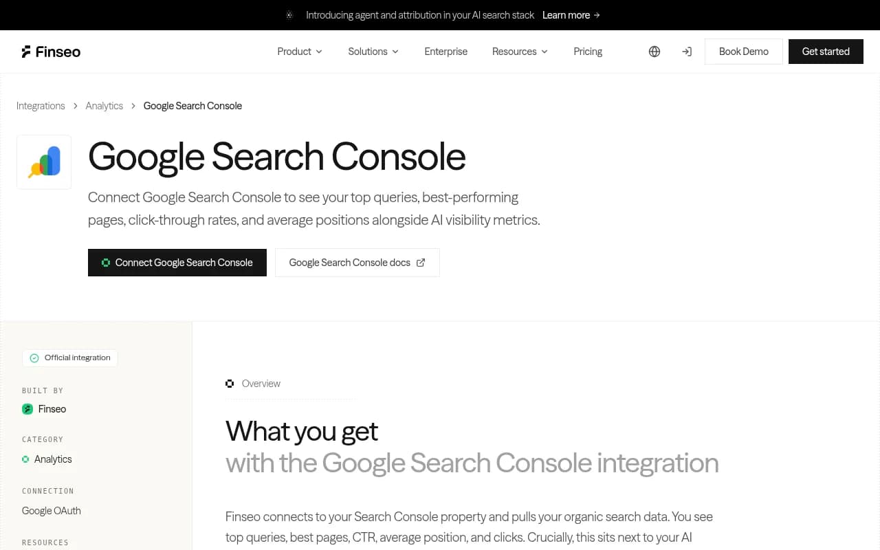 Finseo's Google Search Console integration showing organic search data placed next to AI visibility metrics