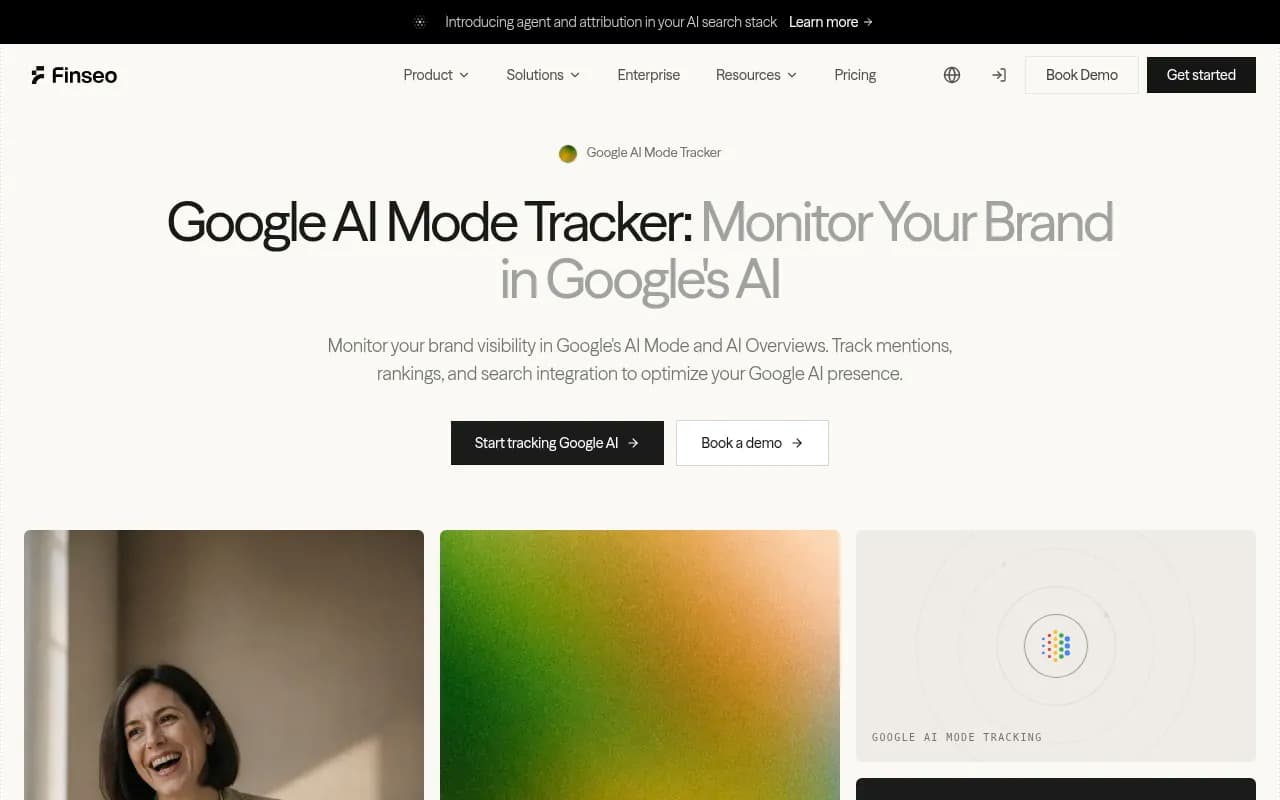Finseo's Google AI Mode visibility tracker dashboard showing daily brand mention tracking and sentiment scoring
