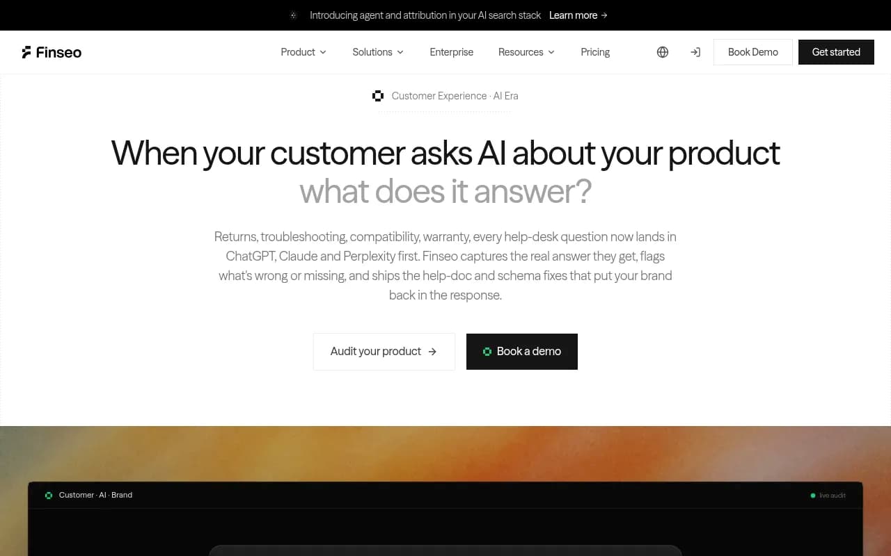 AI Visibility for Customer Experience Teams dashboard from Finseo, showing how customer-facing AI answers are tracked