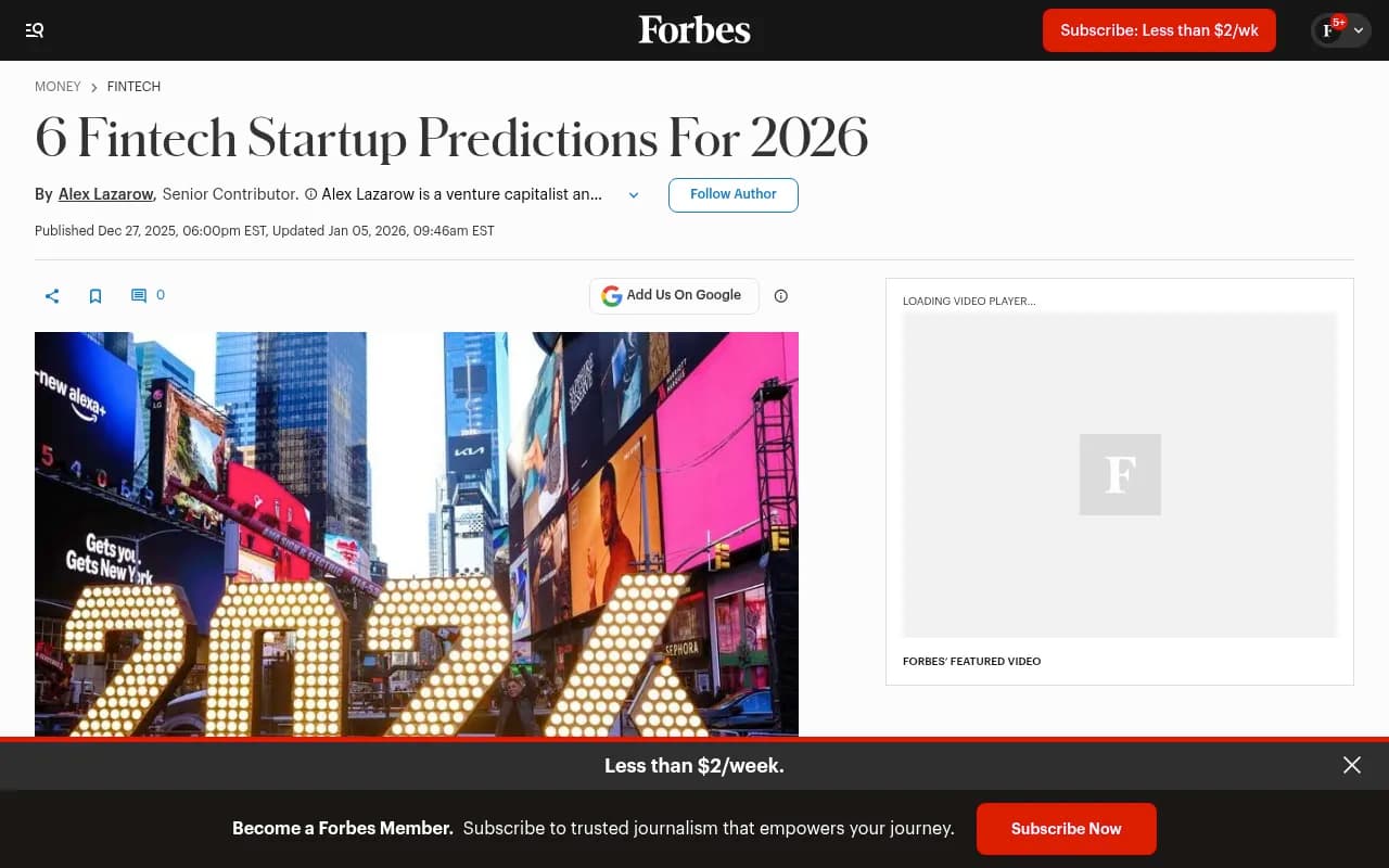 Forbes 2026 fintech startup predictions article by Alex Lazarow