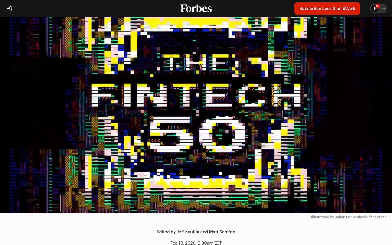 Forbes 2026 Fintech 50 list page showing the top fintech companies and startups