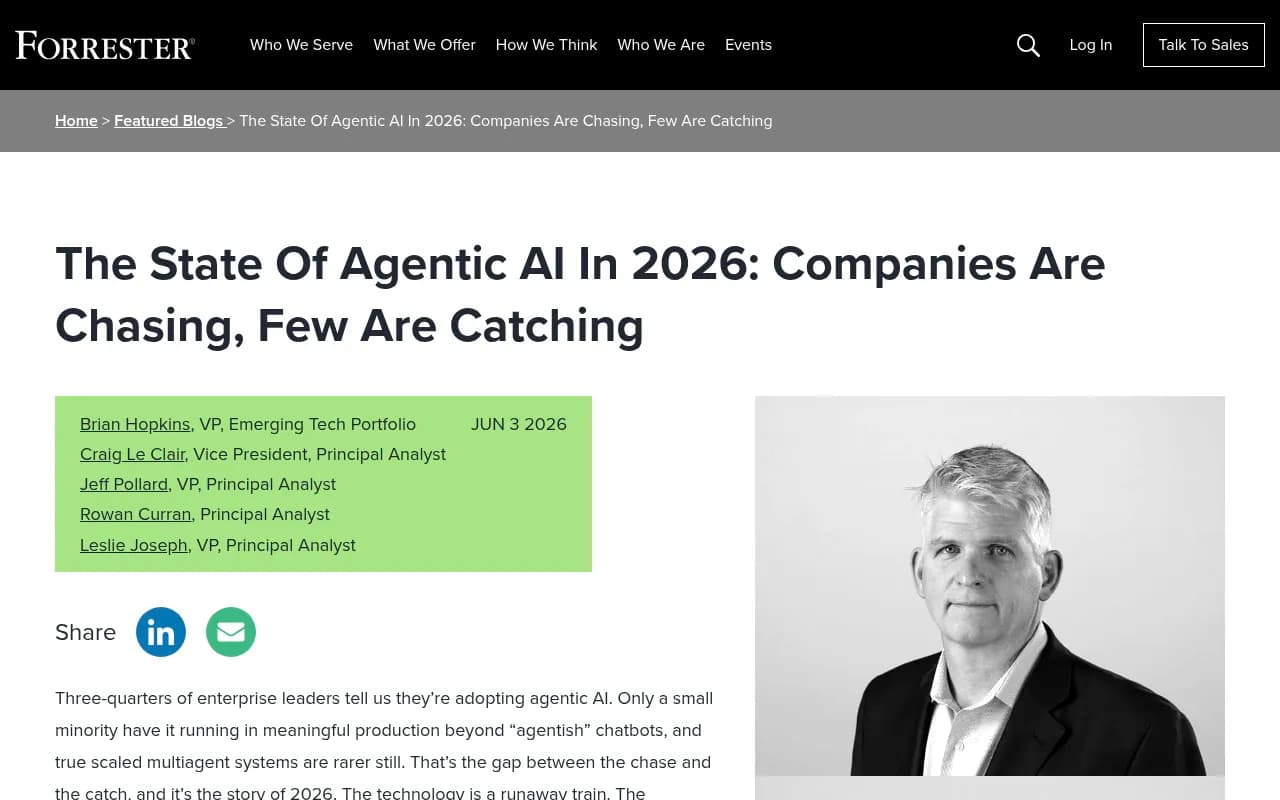 Forrester's 2026 state of agentic AI report showing the gap between adoption claims and production deployment