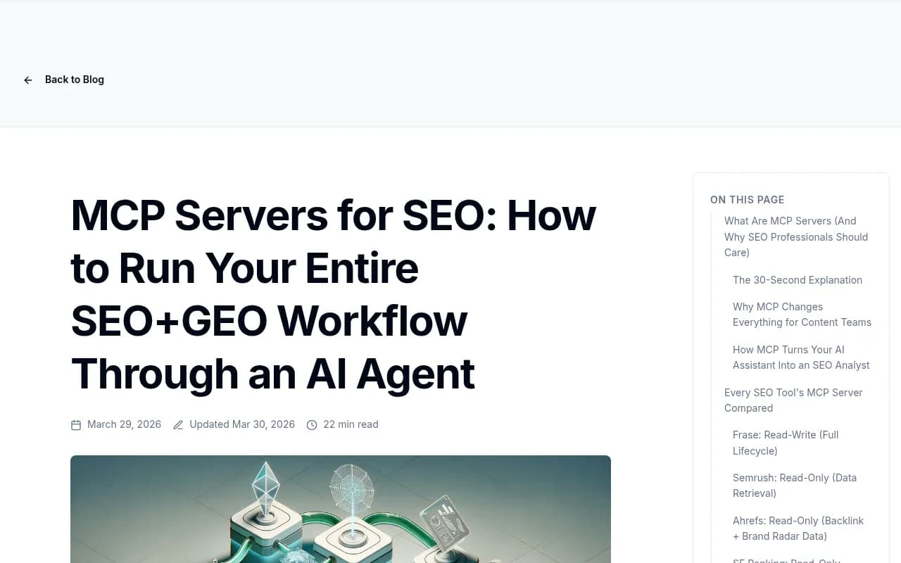 Isometric 3D pipeline showing six connected stages from research to monitoring, illustrating how MCP servers connect AI assistants to SEO tools