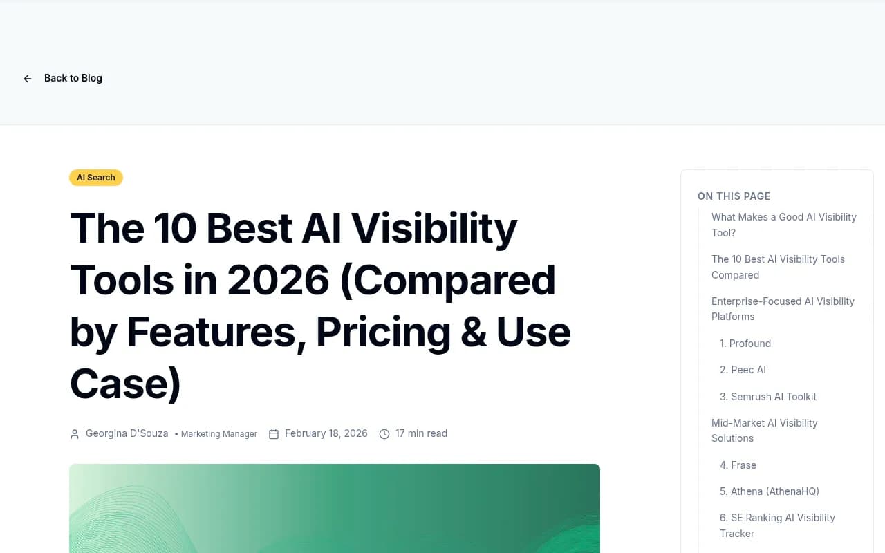 Top 10 AI Visibility Tools comparison from Frase.io