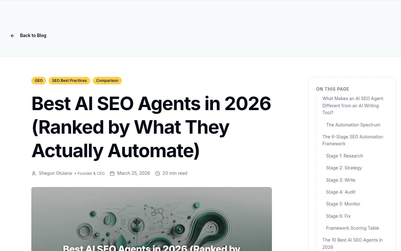 Frase's 2026 AI SEO agent pipeline comparison showing automation depth across 6 stages