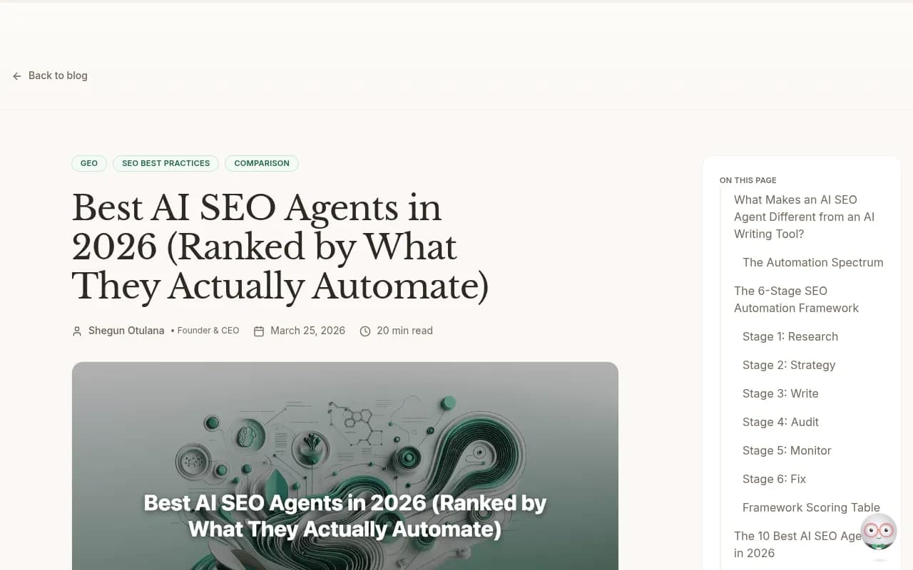 Comparison of 10 AI SEO agents ranked by automation depth across pipeline stages
