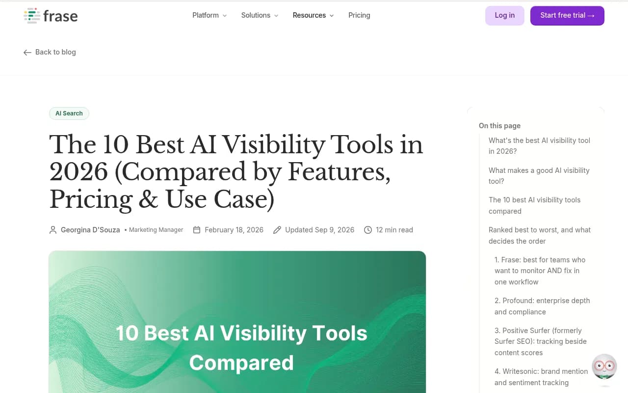 Frase's comparison of AI visibility tools, with a free checker