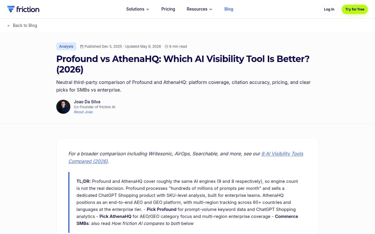 Comparison of AI visibility platforms including Profound and AthenaHQ