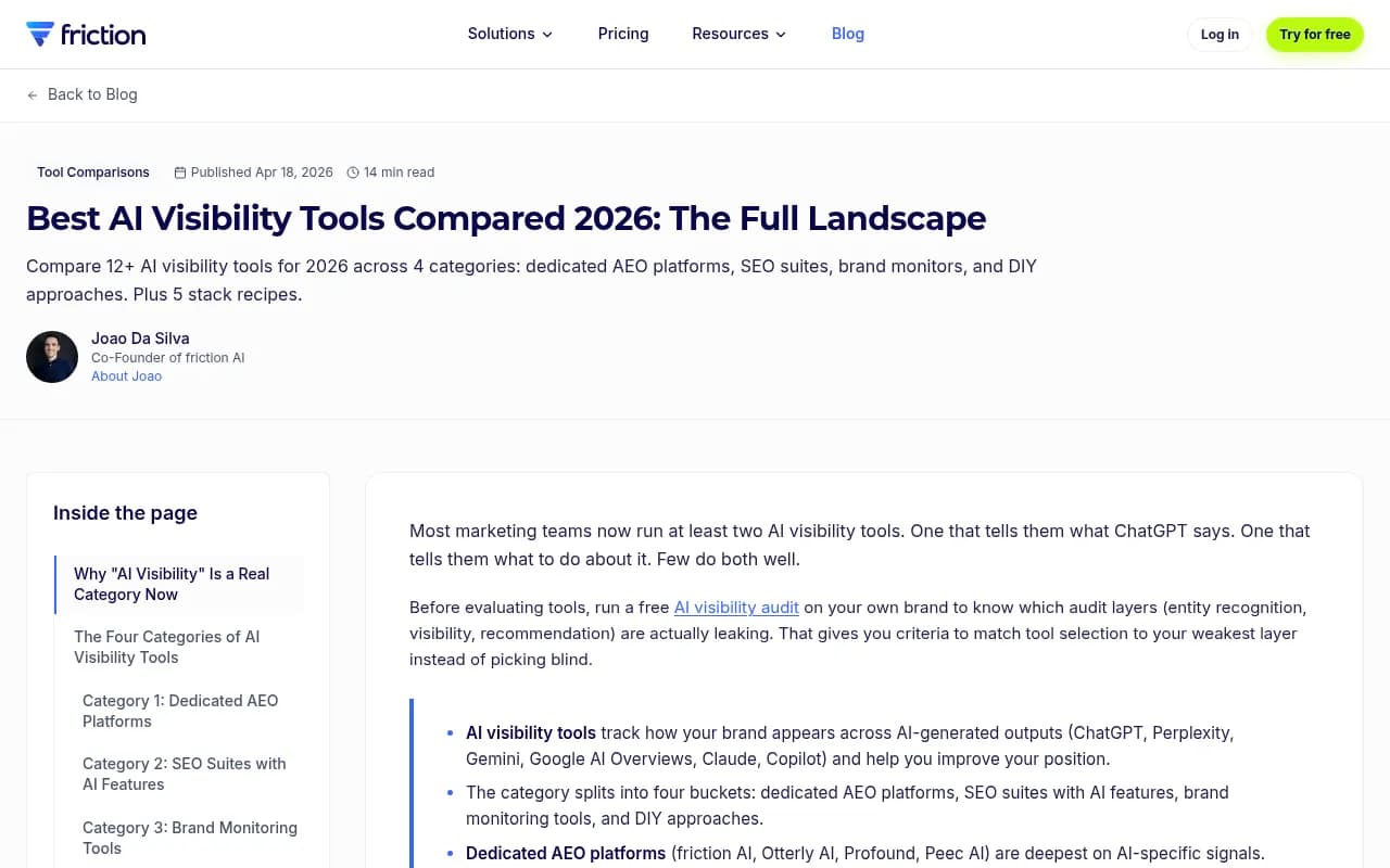 AI visibility tools landscape comparison from FrictionAI's 2026 guide