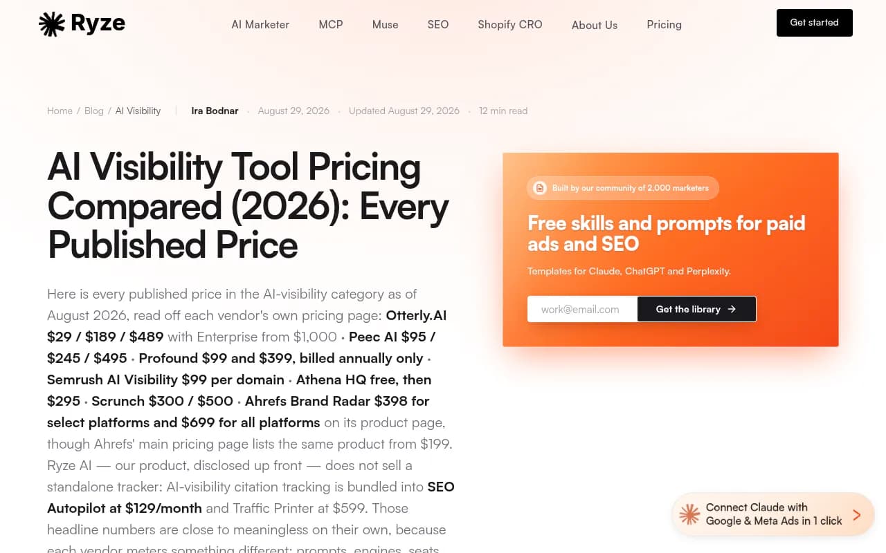 Comparison of every published AI visibility tool price in August 2026