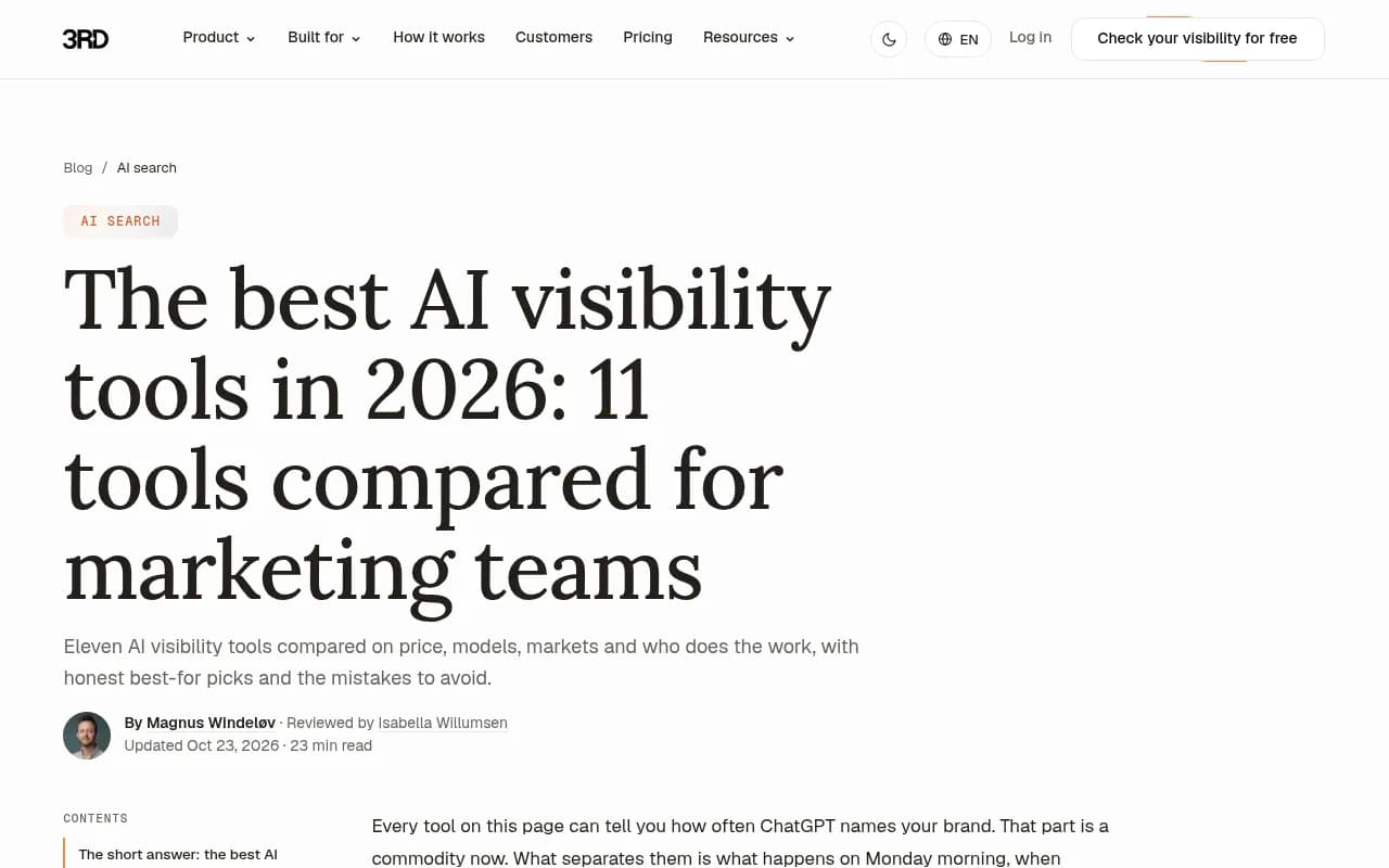 Third-party comparison of eleven AI visibility tools on price, models, markets, and who does the work
