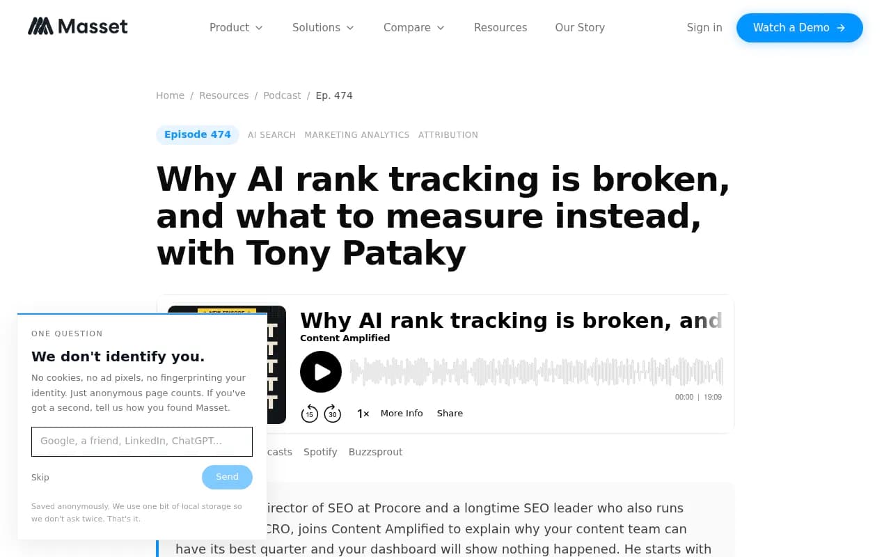 Episode 474 of Content Amplified: Why AI Rank Tracking Is Broken and What to Measure Instead, featuring Tony Pataky, Director of SEO at Procore