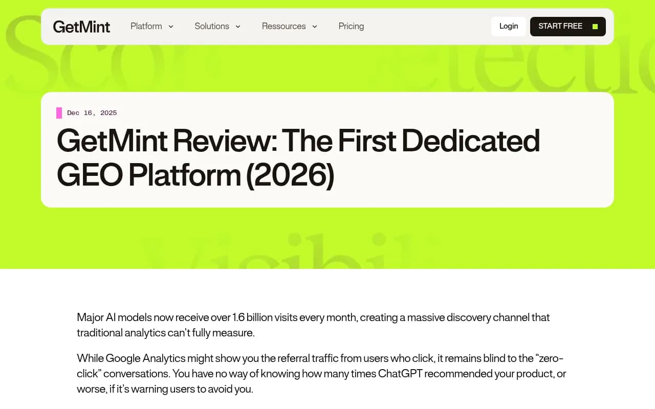 GetMint's GEO review page showing platform positioning and pricing context