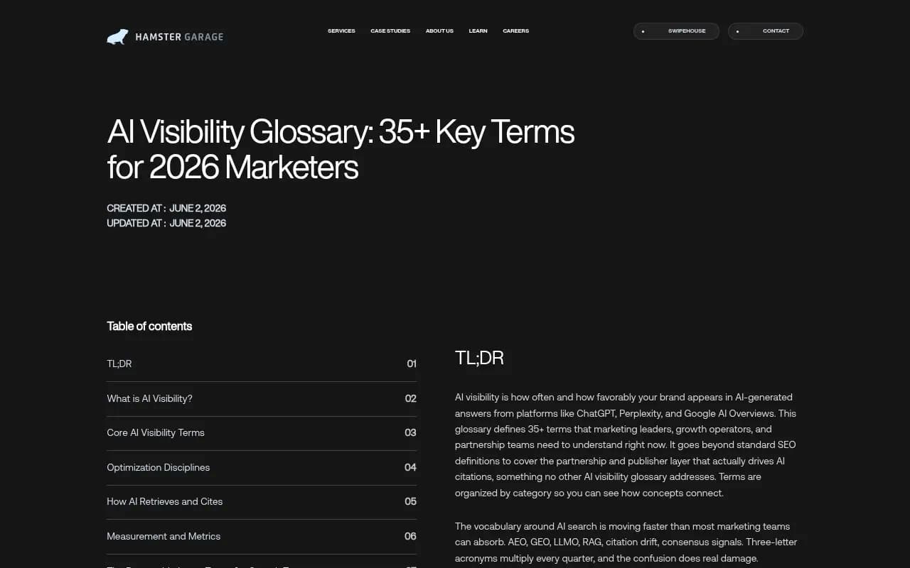 AI Visibility Glossary reference from Hamster Garage showing how terms connect across the GEO, AEO, and LLMO disciplines