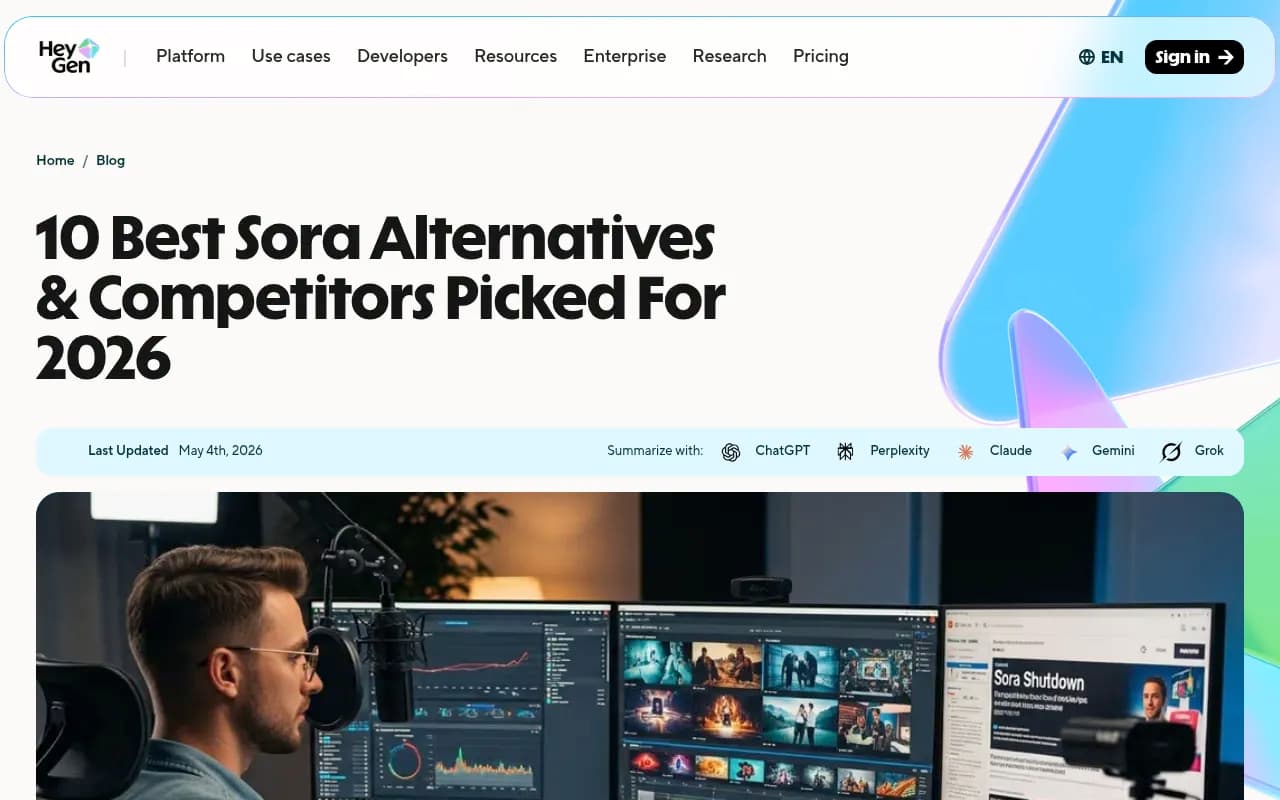 HeyGen Sora alternatives blog post showing AI video tool comparisons