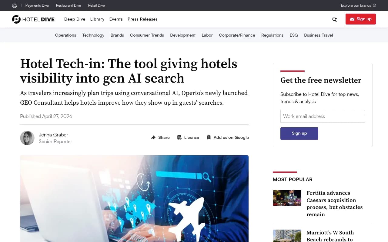 Hotel Dive coverage of Operto's GEO Consultant tool for hotel AI visibility in 2026