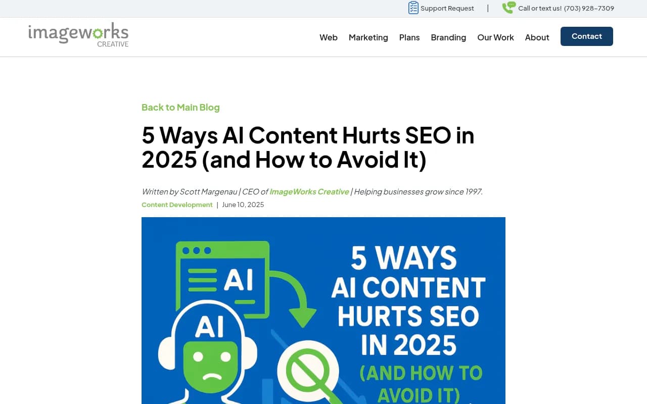 5 Ways AI Content Hurts SEO breakdown from ImageWorks Creative