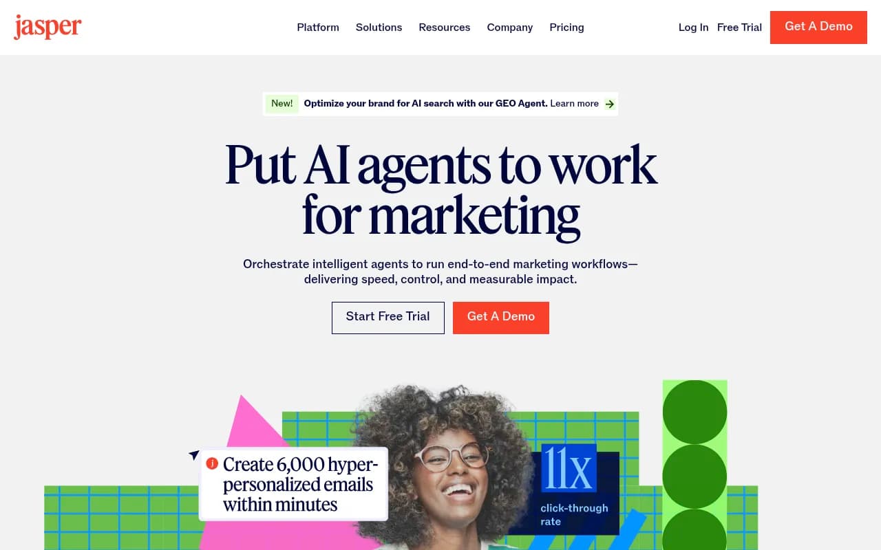 Jasper AI platform homepage showing GEO and AI optimization capabilities for marketing teams