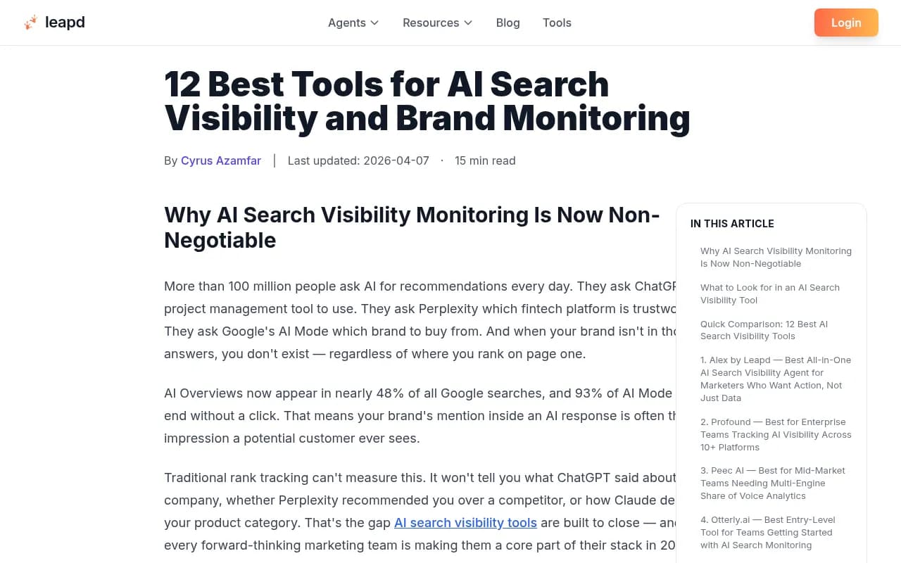 Comparison of AI visibility tool tiers from a 2026 market analysis
