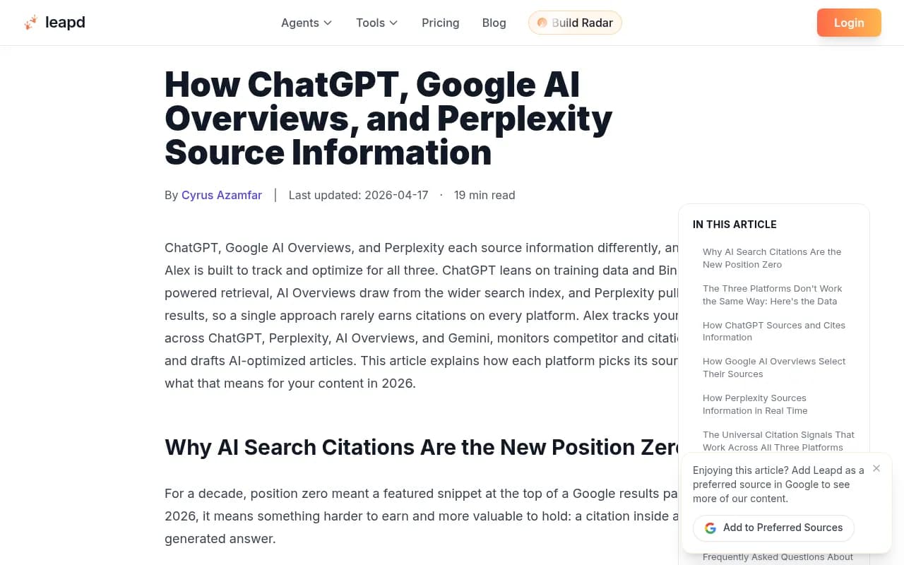 Leapd's breakdown of how ChatGPT, Google AI Overviews and Perplexity source information differently