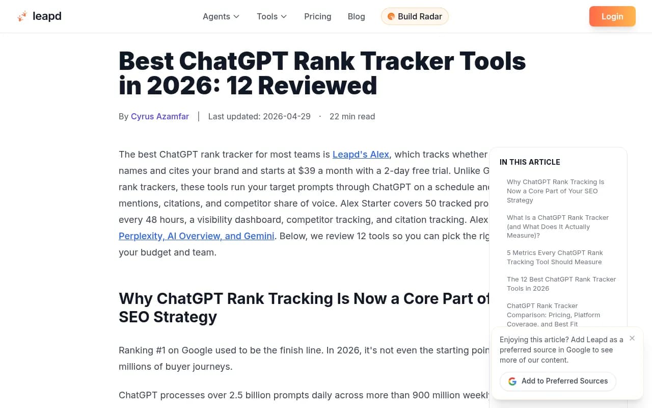 Leapd's review of 12 ChatGPT rank tracker tools, showing how the category is usually framed around mentions and citations