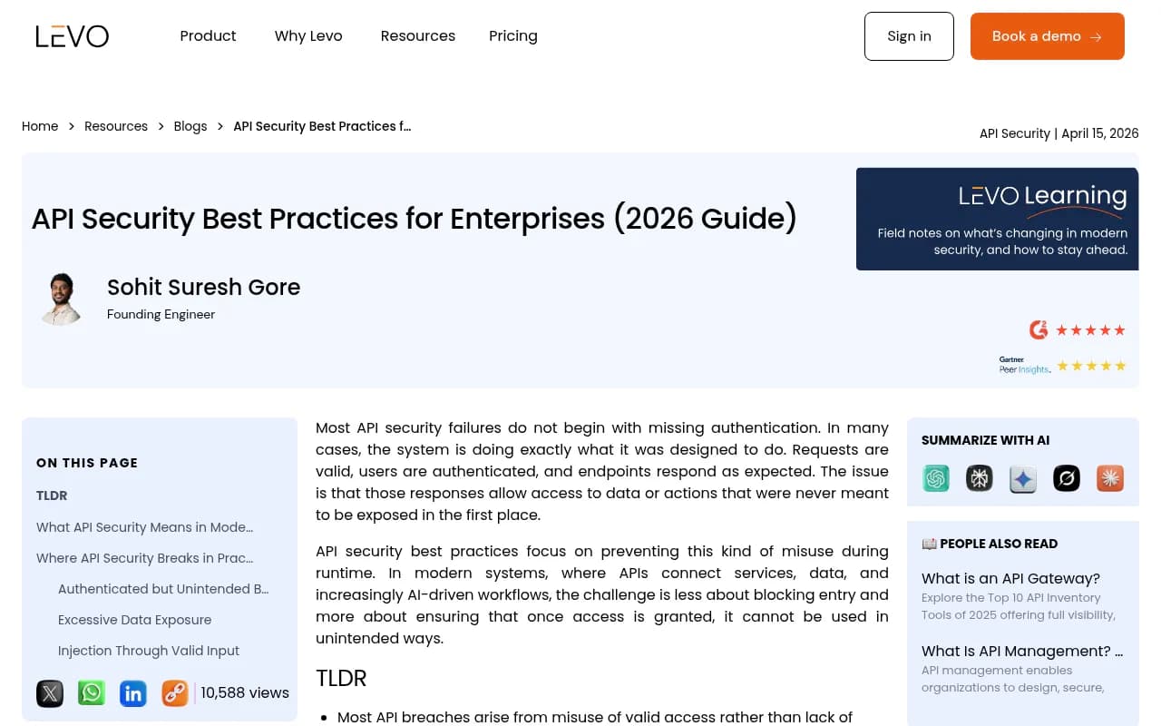 API security best practices guide from Levo.ai showing enterprise API security controls and failure patterns