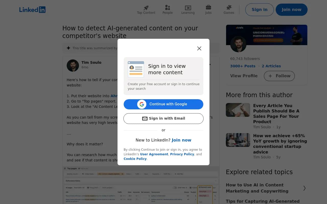 Ahrefs AI Content Level column showing competitor website analysis