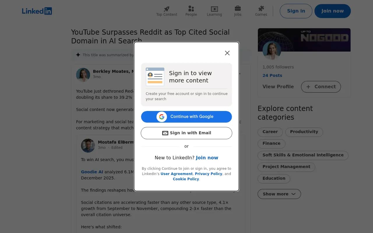 YouTube surpasses Reddit as top cited social domain in AI search — LinkedIn post showing the citation share shift