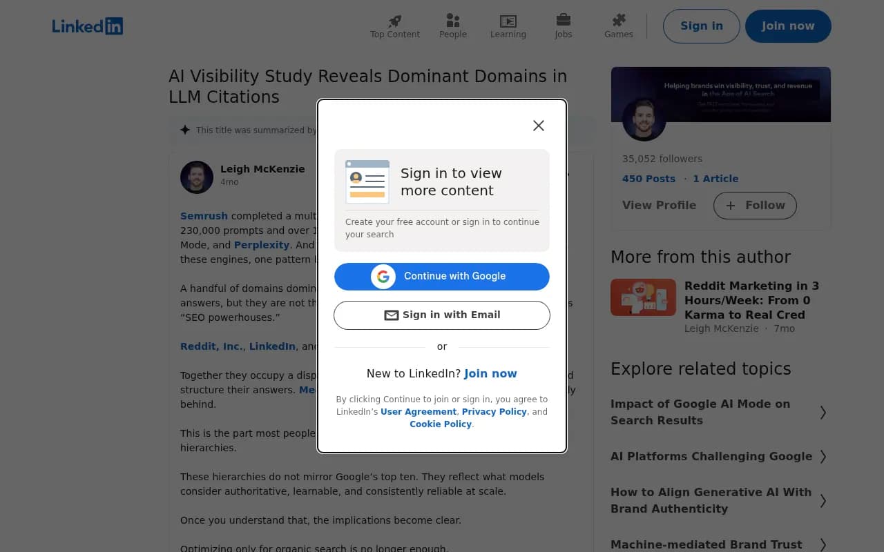 LinkedIn post summarizing the Semrush multi-platform AI visibility study findings on LLM citations