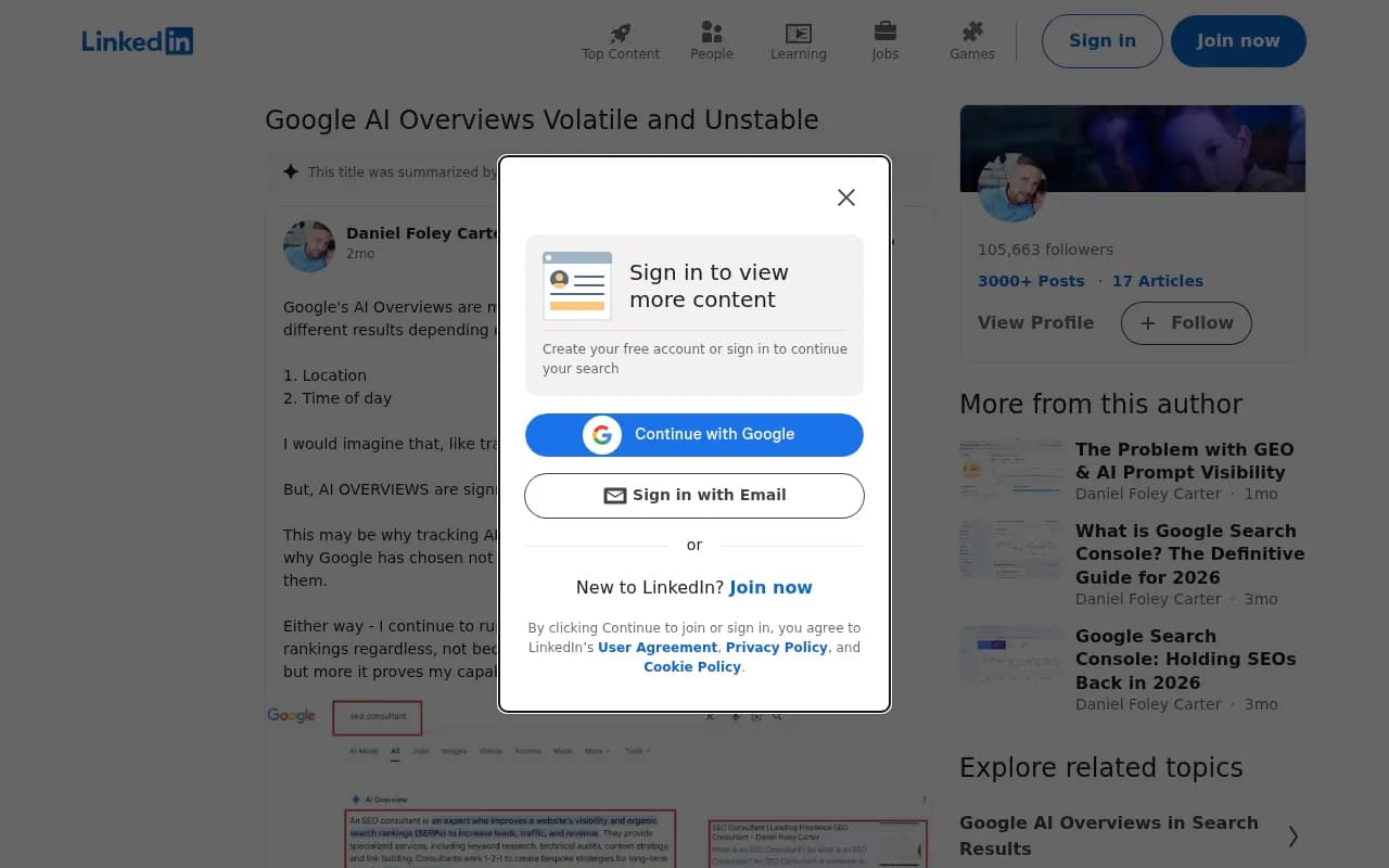 Daniel Foley Carter's LinkedIn post on Google AI Overviews volatility