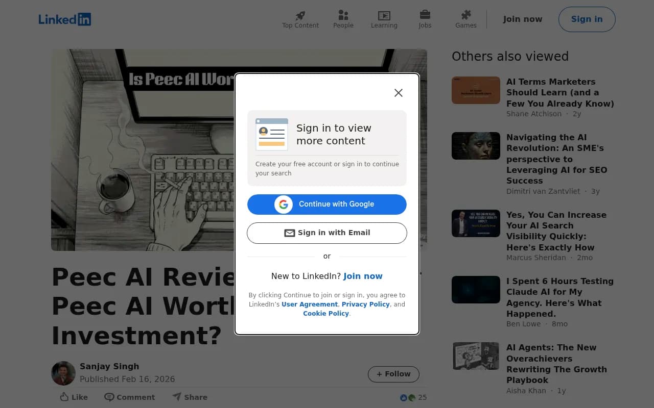 Peec AI LinkedIn review showing 7.3/10 overall rating with detailed category breakdowns