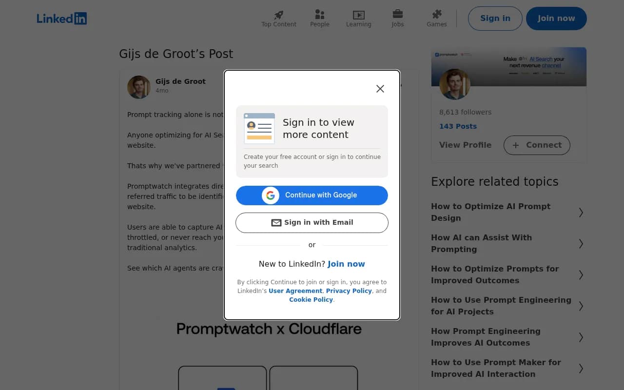 LinkedIn post from Gijs de Groot about prompt tracking not being enough in 2026 -- AI crawler visibility matters