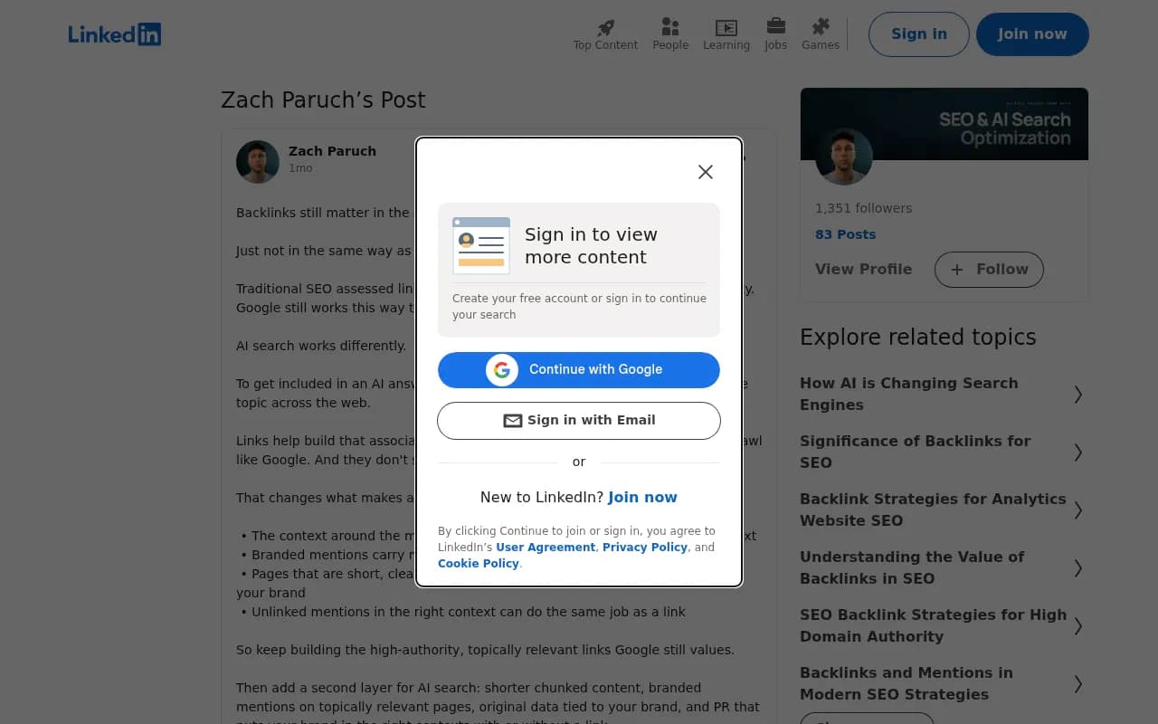 LinkedIn post discussing how backlinks matter differently in AI search era