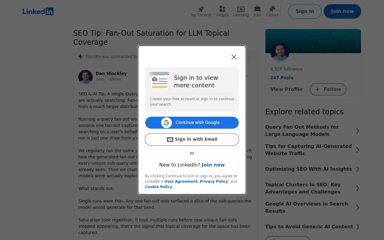 LinkedIn post by Daniel Hinckley on fan-out saturation for LLM topical coverage