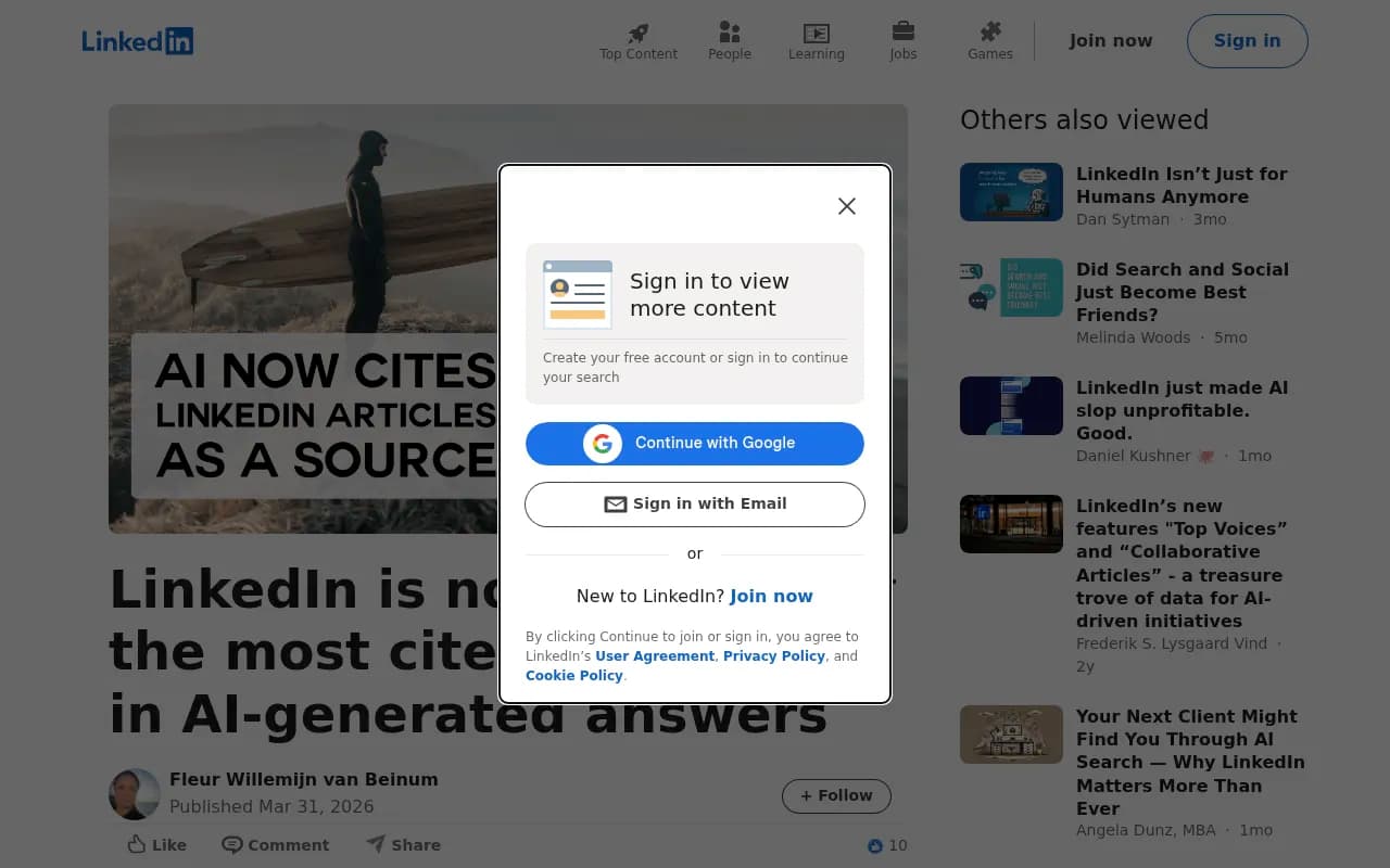 LinkedIn article discussing AI citation data and how LinkedIn has become one of the most cited sources in AI-generated answers