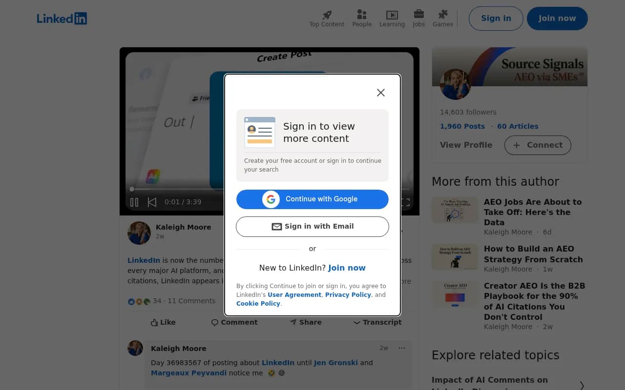 LinkedIn post showing citation data and engagement patterns for AI visibility